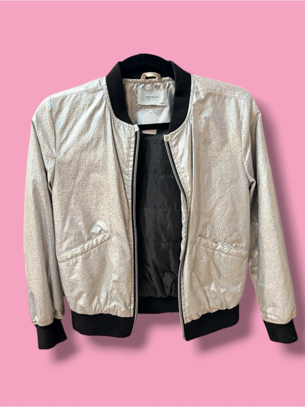 Silver Metallic Bomber Jacket with Black Trim Reserved